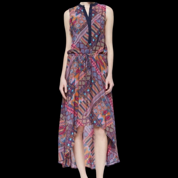 Tolani Silk Geometric Print Drawstring Waist Hi Lo Maxi Dress  Pink Blue sz S - Picture 1 of 8